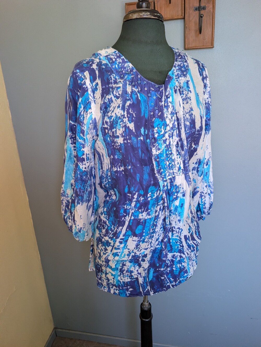 Silk Beaded Blue & White Abstract Print Tunic Blouse By Soft Surroundings